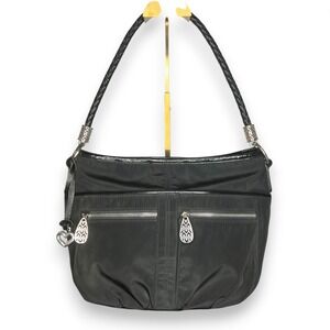 Brighton Black Nylon Shoulder Bag Braided Strap Silver Heart Hardware Purse